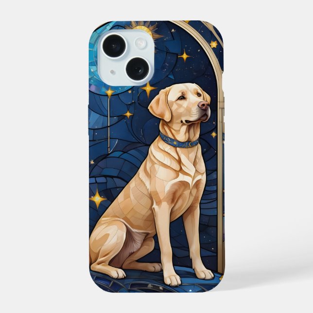 Cute Labrador Retriever Stained Glass Sky Moon iPhone 15 Case (Back)