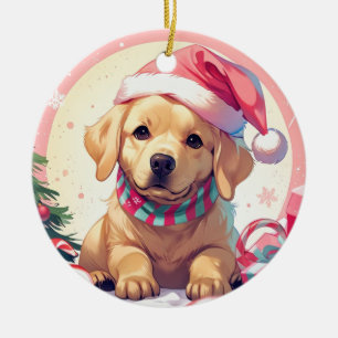 Cute Labrador Retriever with pastel hat & scarf Ceramic Tree Decoration