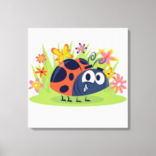 Cute Lady Bug and Flowers Canvas Print