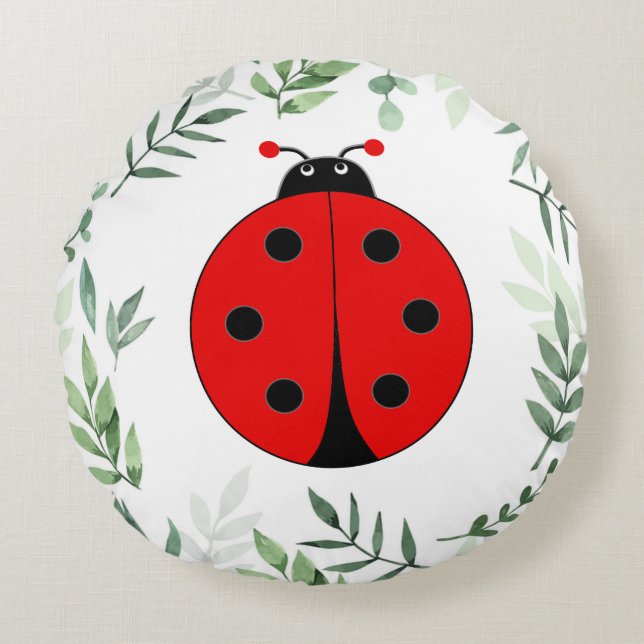 Cute Lady Bug and Plant Leaves Round Cushion (Front)