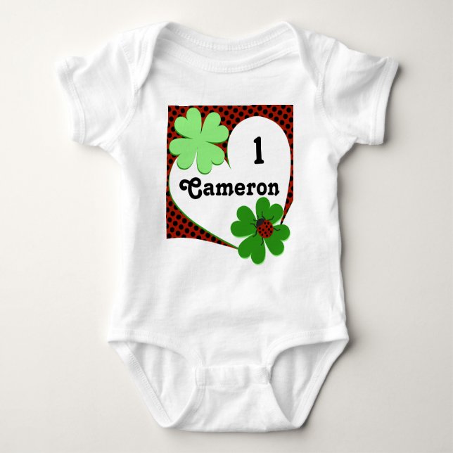 Cute Lady Bug & Clover Leaf 1st Birthday Baby Body Bodysuit (Front)