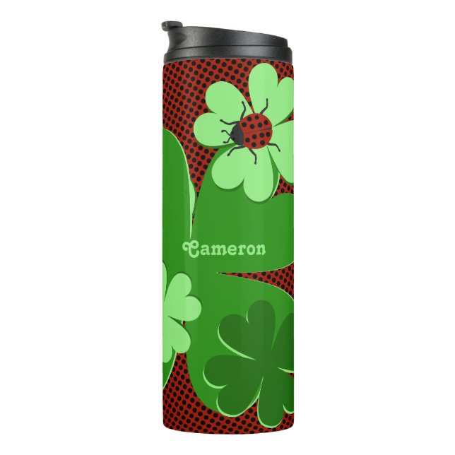 Cute Lady Bug & Clover Leaf Custom Name  Thermal Tumbler (Rotated Right)