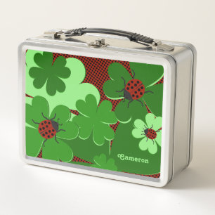 Cute Lady Bug & Clover Leaves Red Green Metal Lunch Box