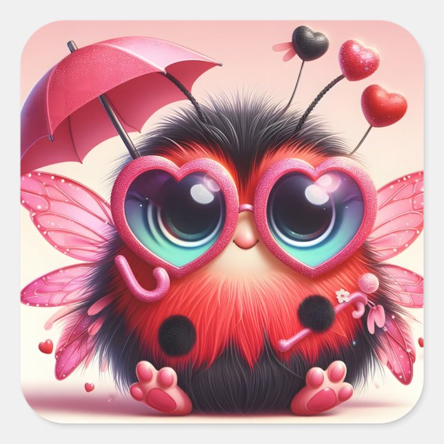 Cute Lady Bug with Umbrella Square Sticker (Front)