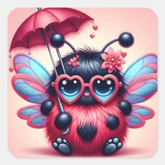 Cute Lady Bug with Umbrella Square Sticker