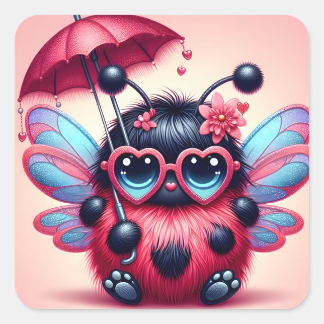 Cute Lady Bug with Umbrella Square Sticker (Front)