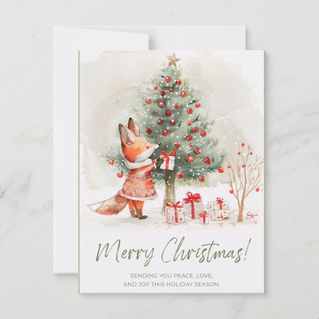 Cute Lady Fox in Red Dress Christmas Card (Front)