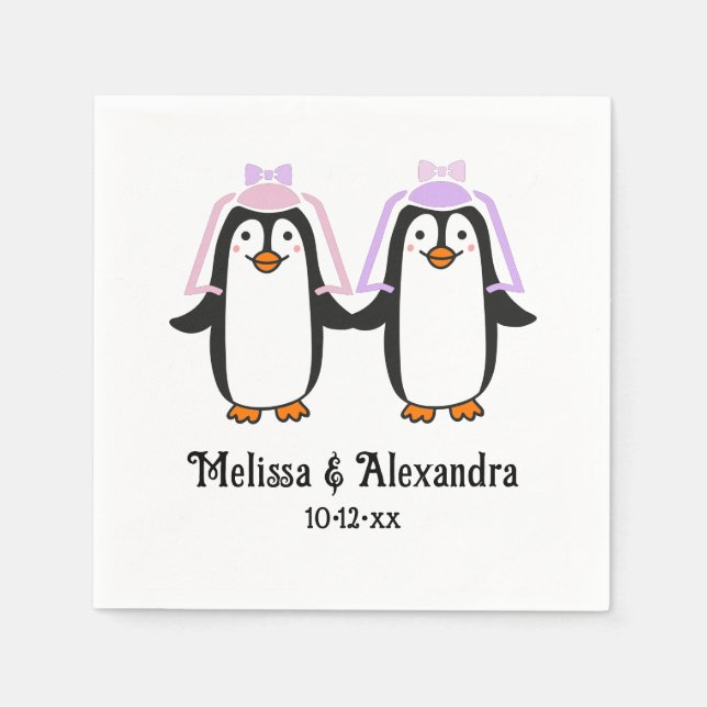 Cute Lady Penguins Wedding Couple Names Date #4 Napkin (Front)