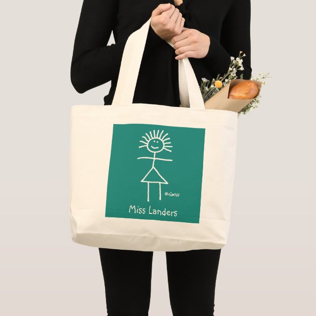 Cute Lady Stick Figure Elementary Teacher and Name Large Tote Bag (Front (Product))