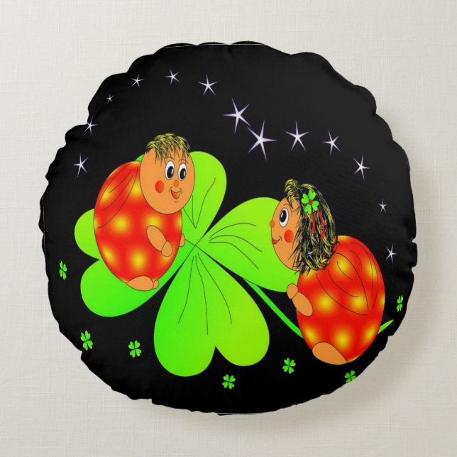 Cute Ladybird Shamrock Round Cushion (Front)