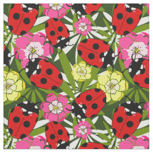Cute Ladybirds and Flowers Pattern on Dark Green Fabric