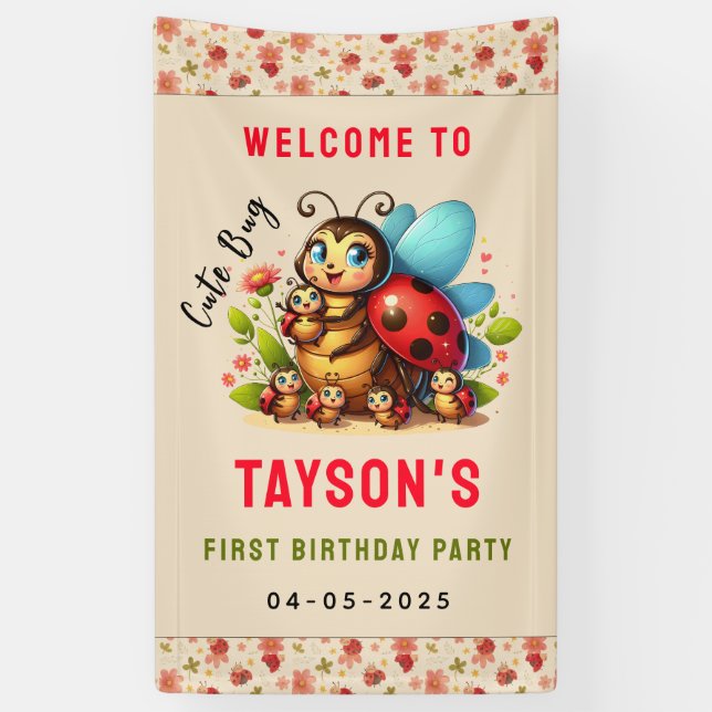 Cute Ladybug 1st Birthday | Bug Theme Party Banner (Vertical)