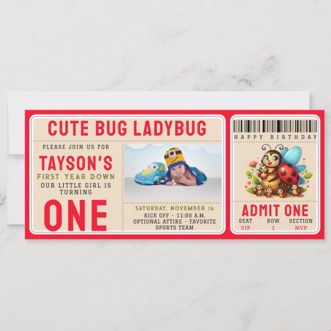 Cute Ladybug 1st Birthday | Bug Theme Ticket Invitation (Front)