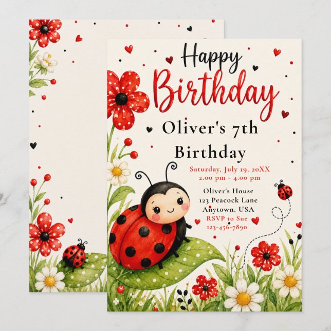 Cute Ladybug 6th Birthday Party Invitation (Front/Back)