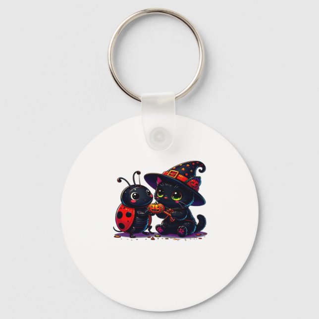 Cute Ladybug and Black Cat Halloween Classic T-Shi Key Ring (Front)