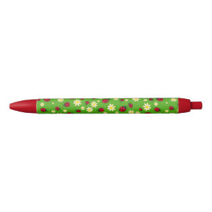 cute ladybug and daisy flower pattern green black ink pen