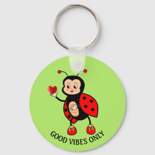 Cute Ladybug and Heart on Green Key Ring