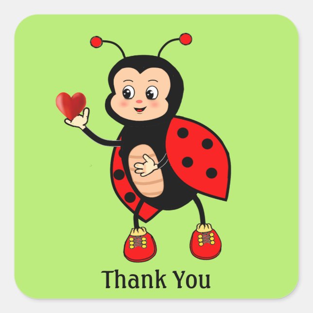 Cute Ladybug and Heart on Green Thank You Square Sticker (Front)