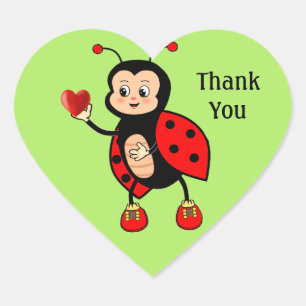 Cute Ladybug and Heart on Green Thank You Sticker