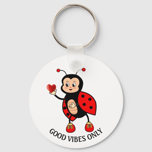 Cute Ladybug and Heart on White Key Ring (Front)