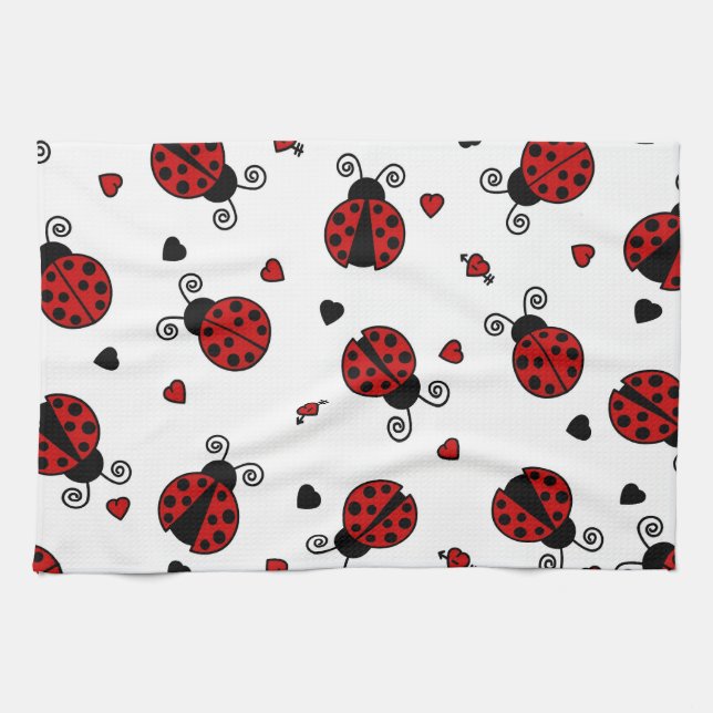 Cute Ladybug and Hearts Pattern Tea Towel (Horizontal)