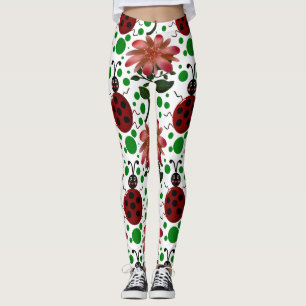 Cute Ladybug and Pink Flower Pattern Hand Drawn Leggings