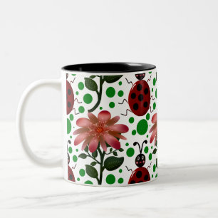 Cute Ladybug and Pink Flower Pattern Hand Drawn Two-Tone Coffee Mug