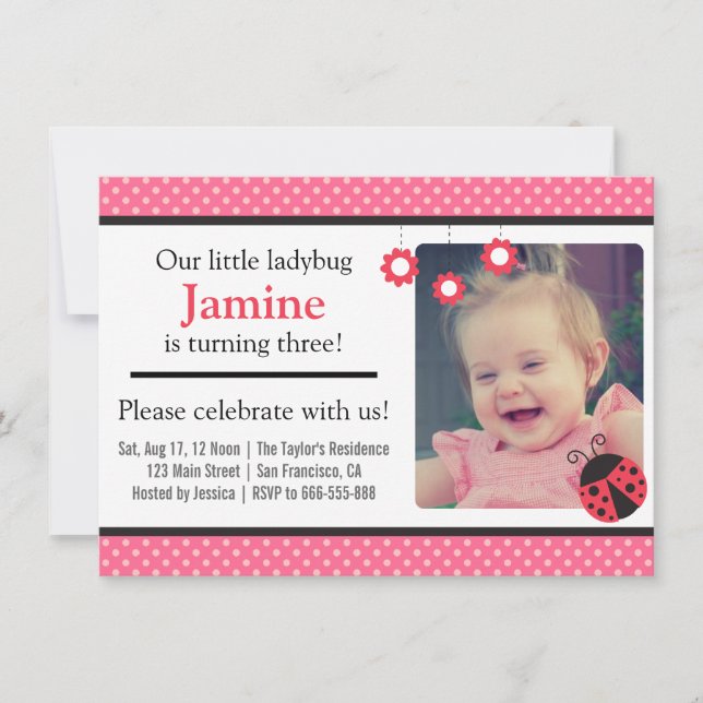 Cute Ladybug and polka dots birthday party Photo Invitation (Front)