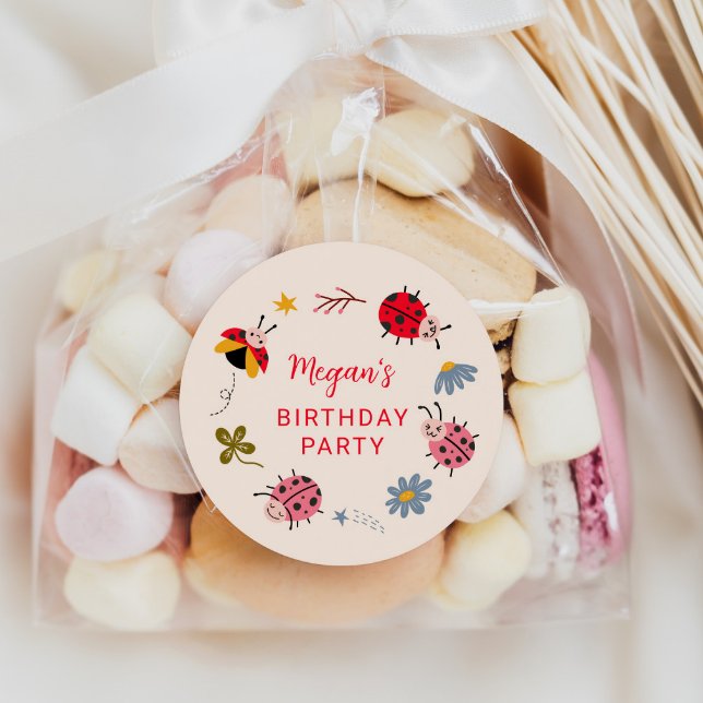 Cute Ladybug Birthday Party Favour Classic Round Sticker (Creator Uploaded)