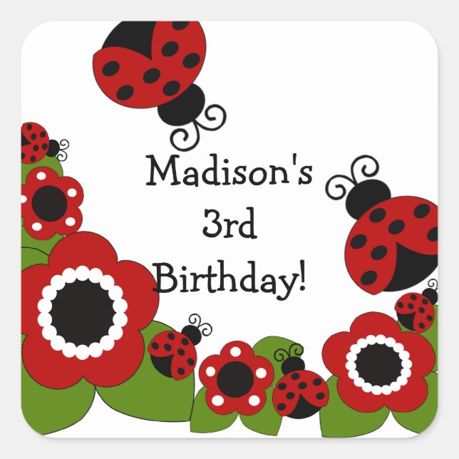 Cute Ladybug Birthday Square Sticker! Sticker (Front)