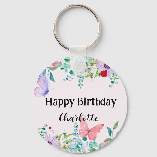 Cute Ladybug Butterfly colourful flower Birthday Key Ring (Front)