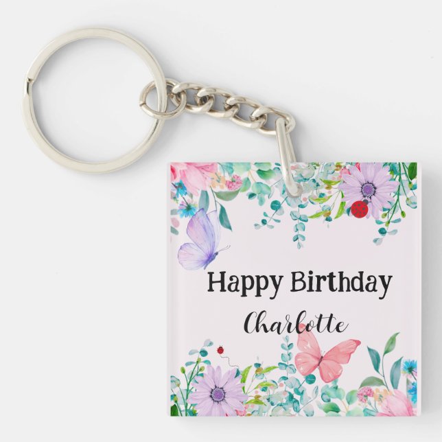 Cute Ladybug Butterfly colourful flower Birthday Key Ring (Front)