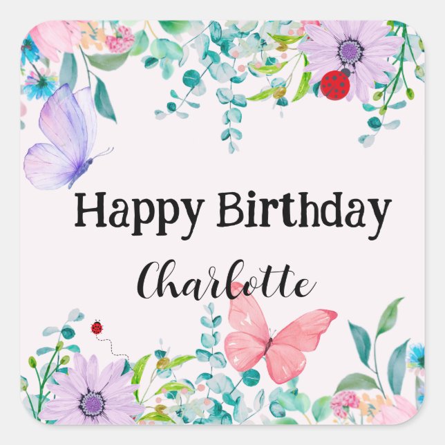 Cute Ladybug Butterfly colourful flower Birthday Square Sticker (Front)
