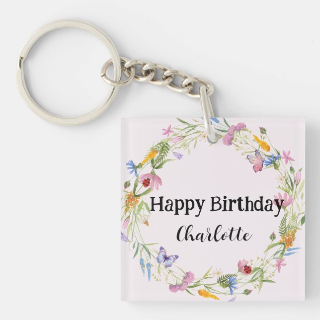 Cute Ladybug Butterfly Daisy floral Rustic Pattern Key Ring (Front)