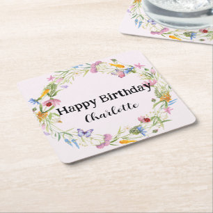 Cute Ladybug Butterfly Daisy floral Rustic Pattern Square Paper Coaster