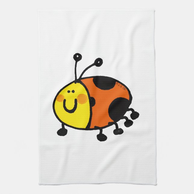 Cute Ladybug Cartoon Tea Towel (Vertical)