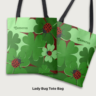 Cute Ladybug Clover Leaves Name in Green Red  Tote Bag