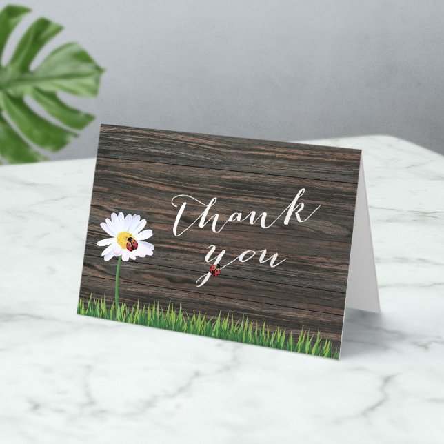 Cute Ladybug & Daisy Flower Wood Background Thank You Card (Creator Uploaded)
