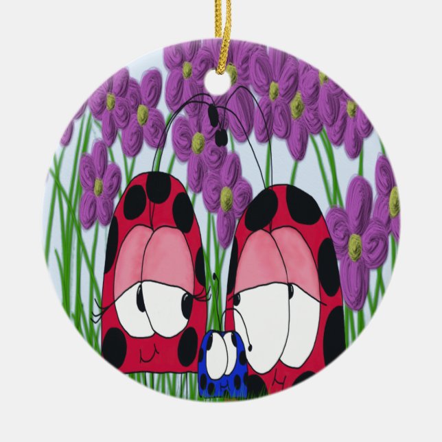 Cute Ladybug Family Illustration Ceramic Tree Decoration (Front)