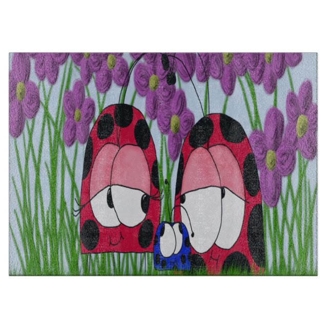 Cute Ladybug Family Illustration Cutting Board (Front)