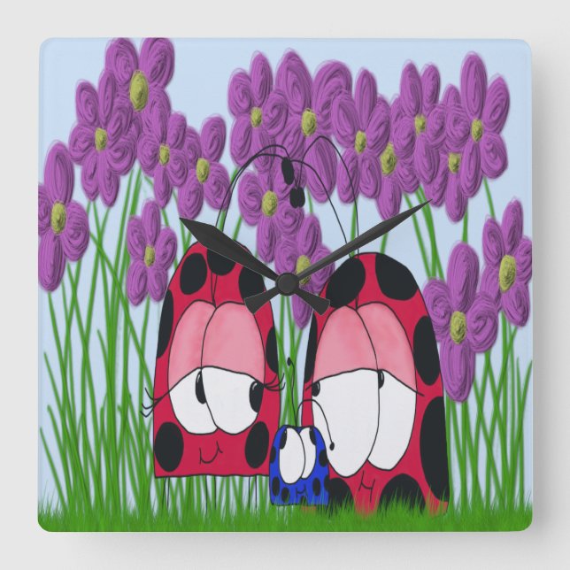 Cute Ladybug Family Illustration Square Wall Clock (Front)