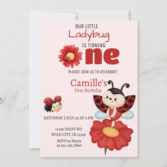 Cute ladybug floral first birtday Invitation (Front)