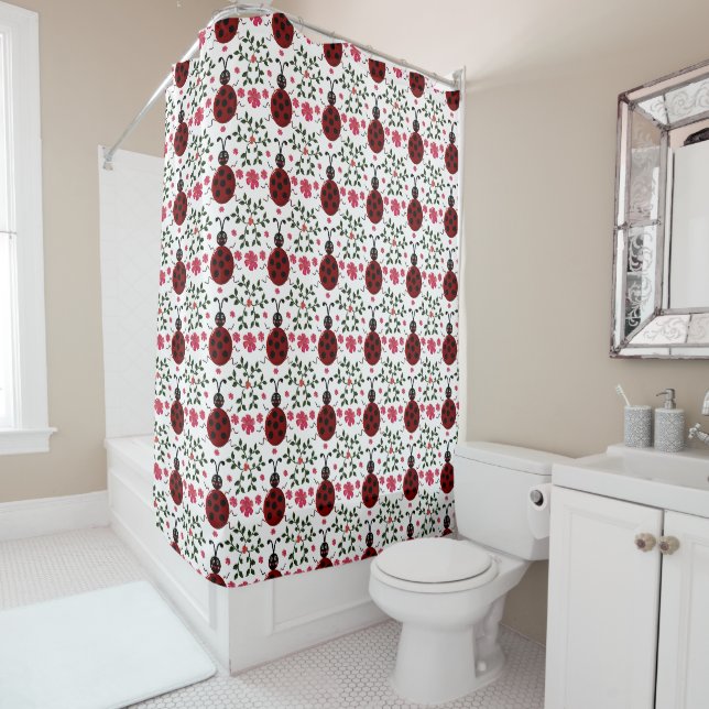 Cute Ladybug Floral Seamless Pattern   Shower Curtain (In Situ)