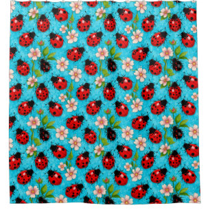 Cute Ladybug Floral Theme For Spring Decor Shower Curtain
