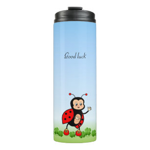 Cute Ladybug, Four-leaf Clovers on Light Blue Thermal Tumbler