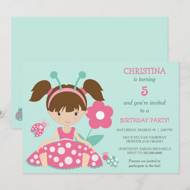 Cute Ladybug Girls Birthday Party Invitation (Front/Back)
