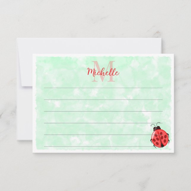 Cute Ladybug Green Watercolor Lined Monogram Card (Front)