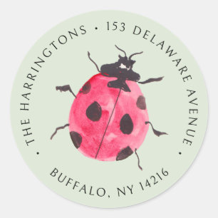 Cute Ladybug Hand-Drawn Sage Green Return Address Classic Round Sticker
