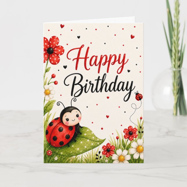 Cute Ladybug Happy Birthday Card (Front)