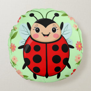 Cute Ladybug Illustration Surrounded by Flowers Round Cushion
